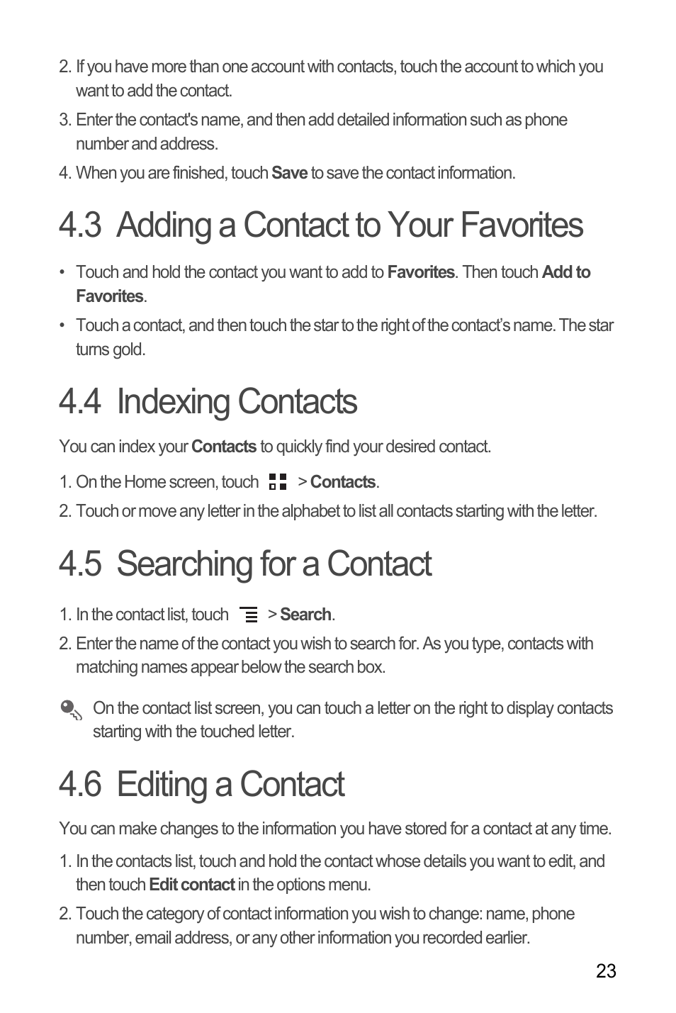 3 adding a contact to your favorites, 4 indexing contacts, 5 searching for a contact | 6 editing a contact | Huawei M866 User Manual | Page 27 / 69