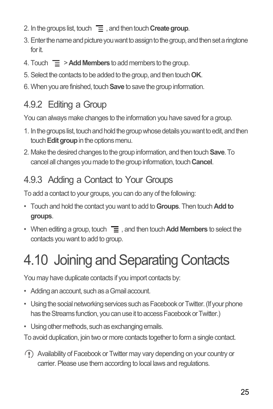 2 editing a group, 3 adding a contact to your groups, 10 joining and separating contacts | Huawei M866 User Manual | Page 29 / 69