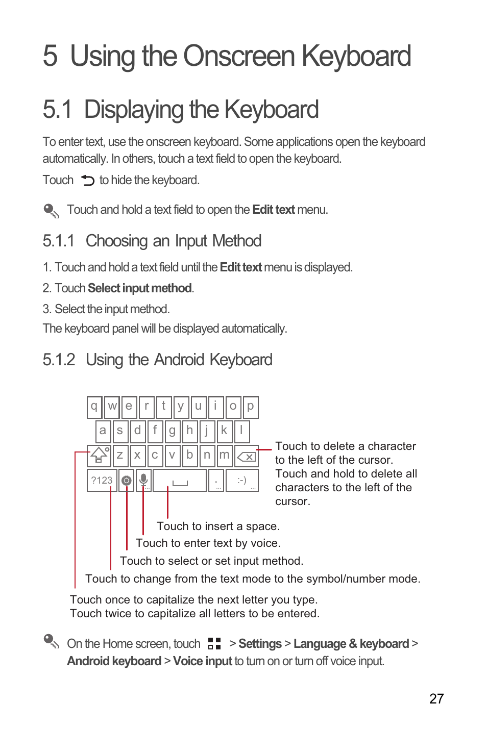 5 using the onscreen keyboard, 1 displaying the keyboard, 1 choosing an input method | 2 using the android keyboard | Huawei M866 User Manual | Page 31 / 69
