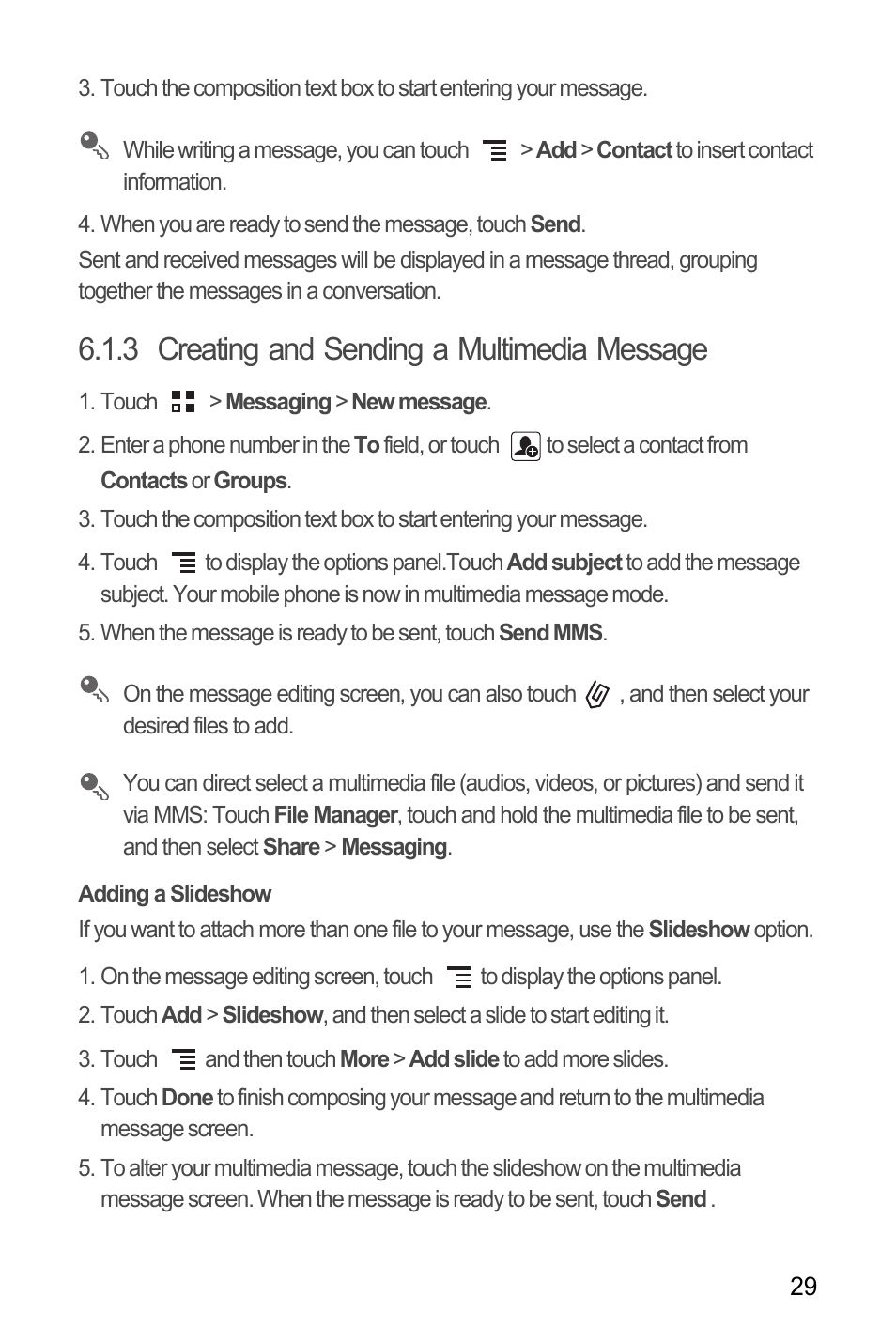 3 creating and sending a multimedia message, Adding a slideshow | Huawei M866 User Manual | Page 33 / 69