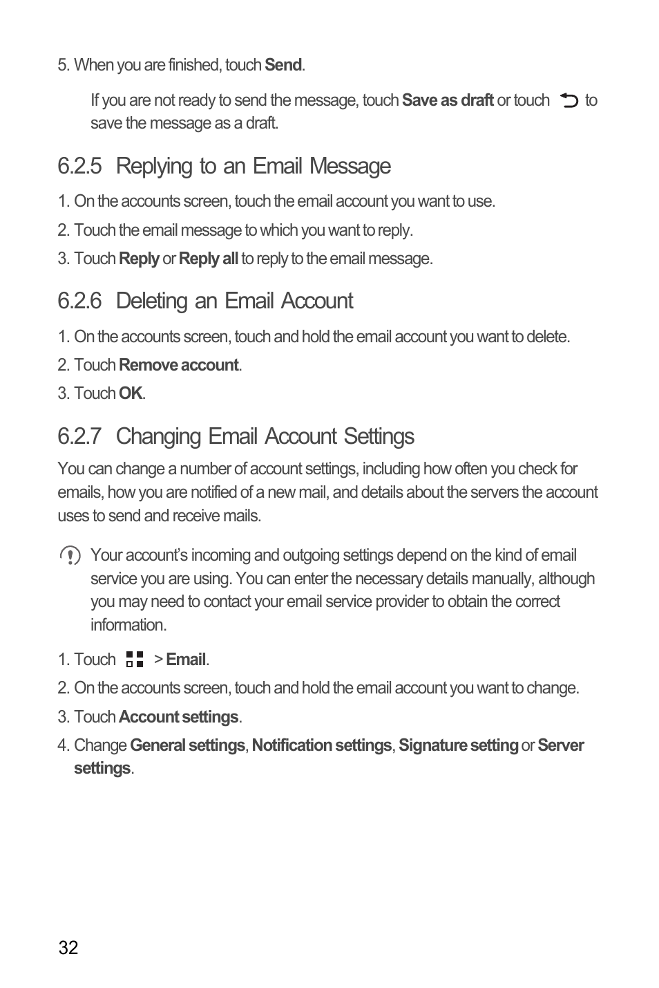 5 replying to an email message, 6 deleting an email account, 7 changing email account settings | Huawei M866 User Manual | Page 36 / 69