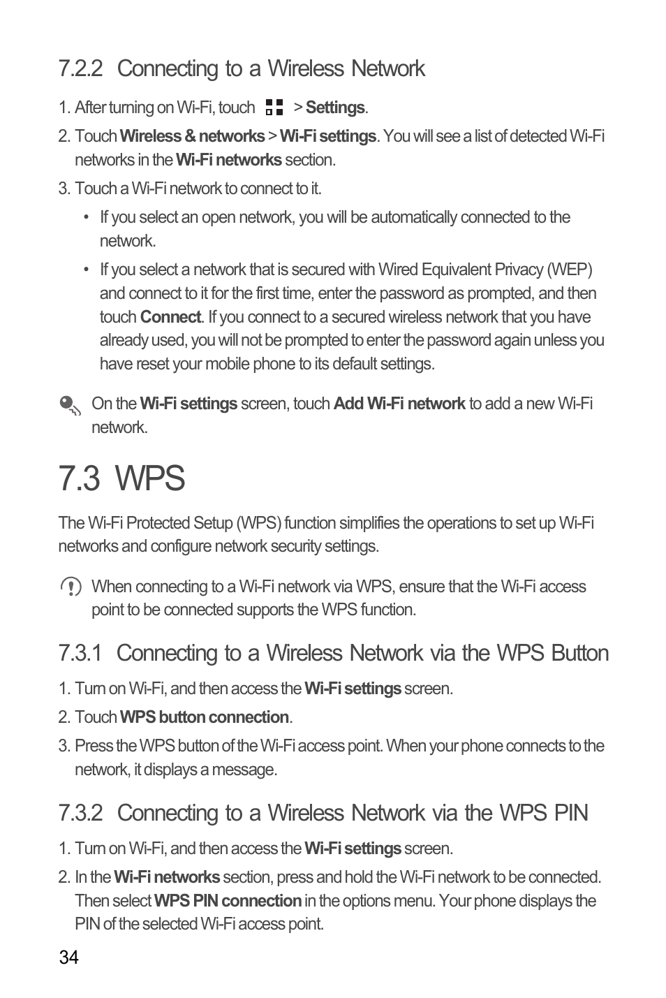 2 connecting to a wireless network, 3 wps, 2 connecting to a wireless network via the wps pin | Huawei M866 User Manual | Page 38 / 69