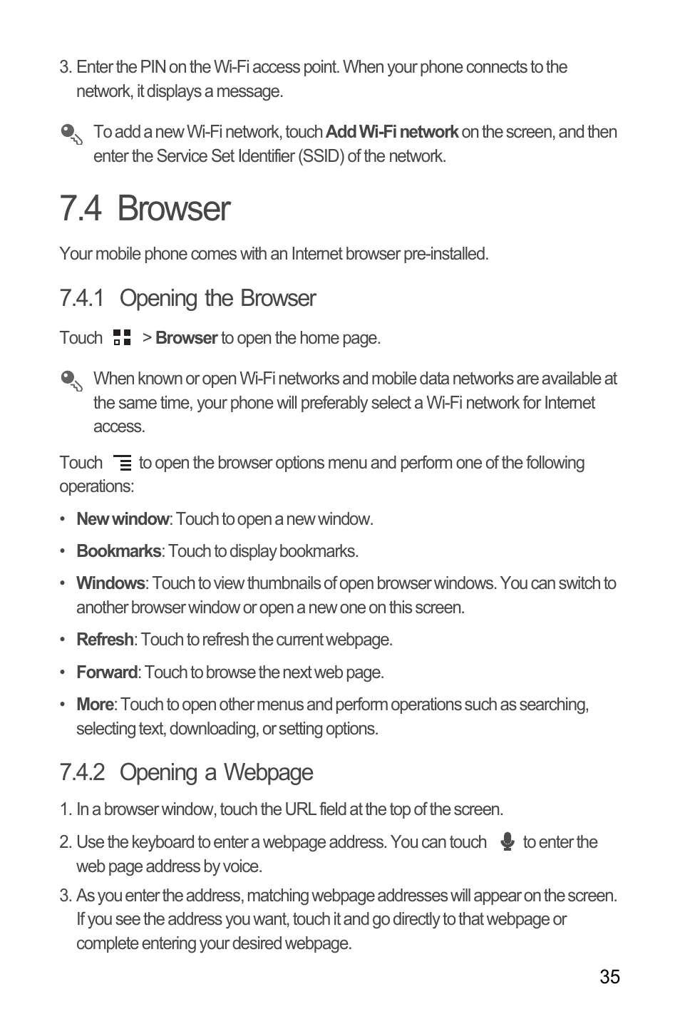 4 browser, 1 opening the browser, 2 opening a webpage | Huawei M866 User Manual | Page 39 / 69