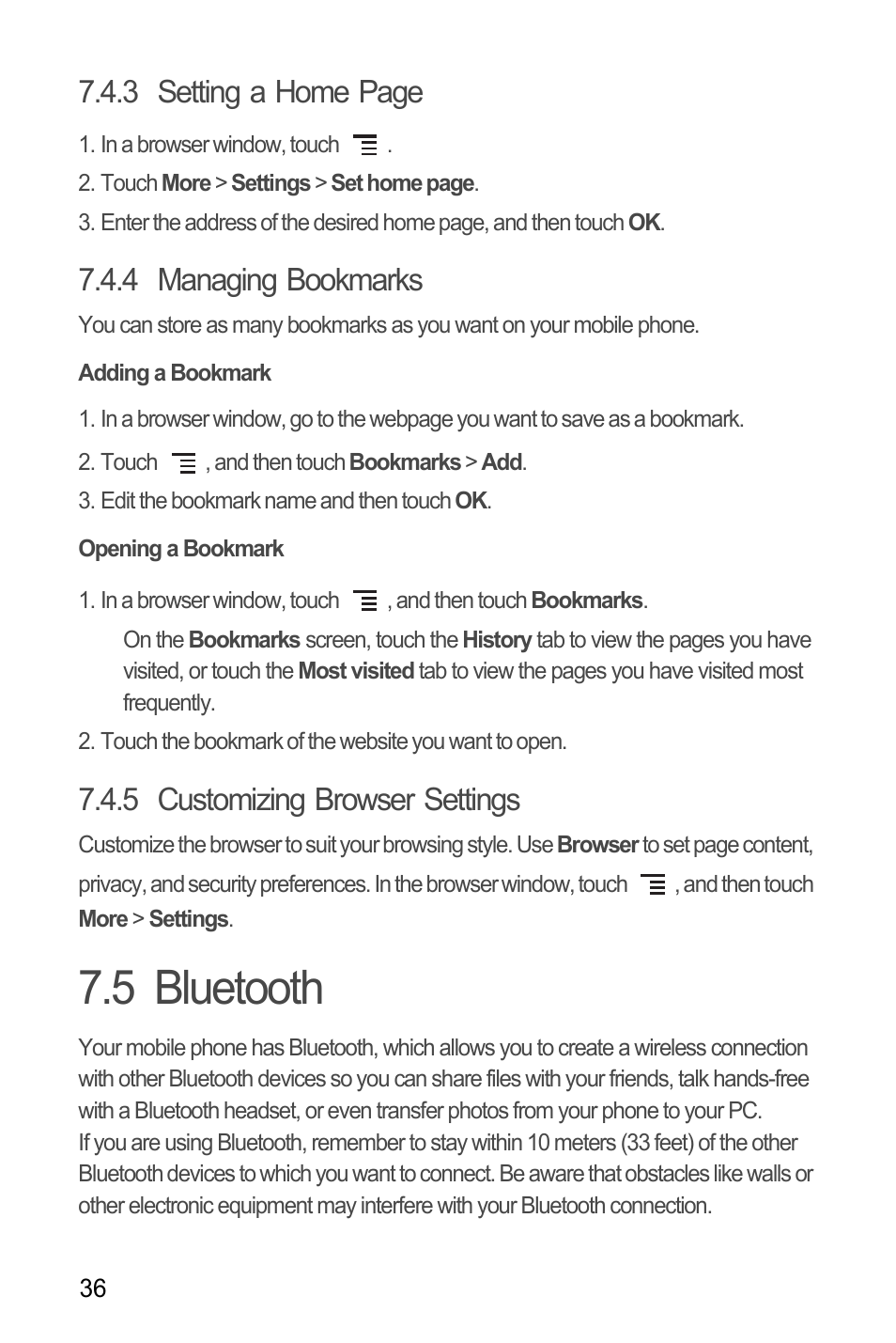 4 managing bookmarks, Adding a bookmark, Opening a bookmark | 5 customizing browser settings, 5 bluetooth, 3 setting a home page | Huawei M866 User Manual | Page 40 / 69