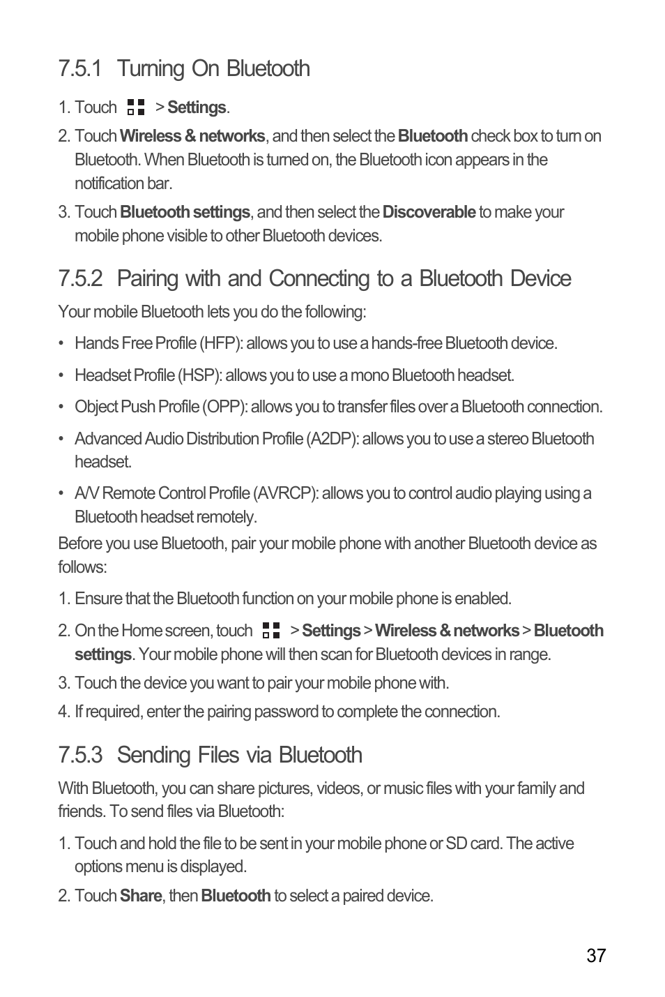 1 turning on bluetooth, 3 sending files via bluetooth | Huawei M866 User Manual | Page 41 / 69