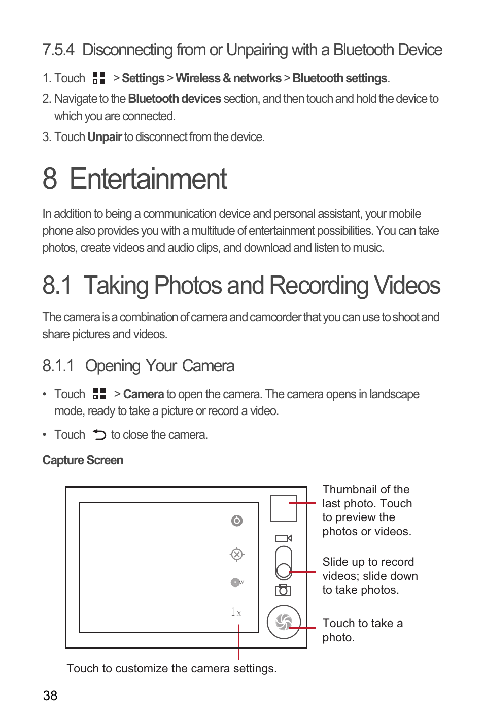 8 entertainment, 1 taking photos and recording videos, 1 opening your camera | Capture screen | Huawei M866 User Manual | Page 42 / 69