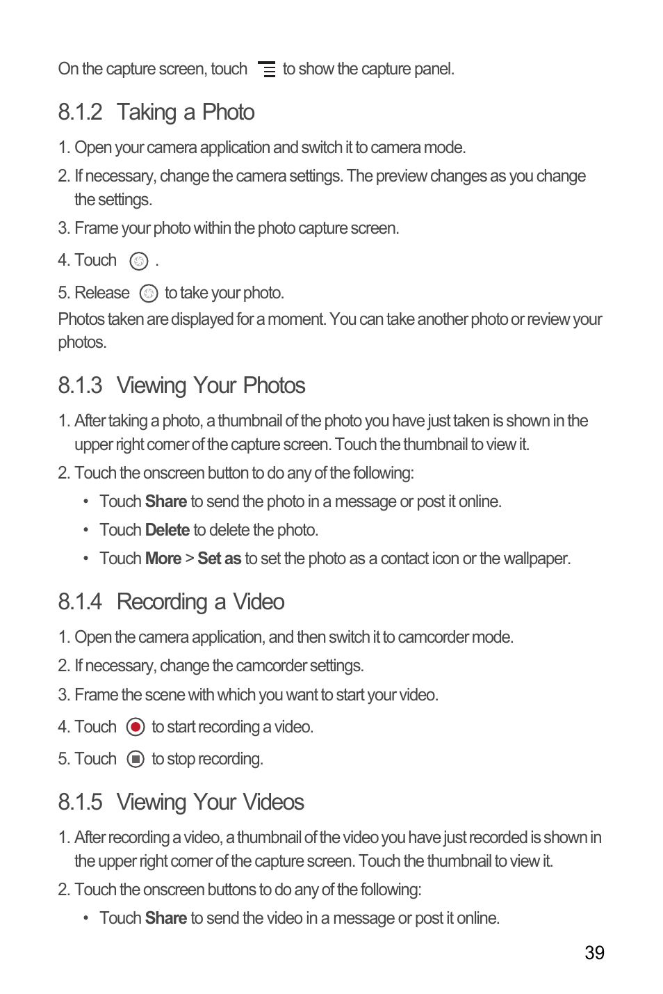 2 taking a photo, 3 viewing your photos, 4 recording a video | 5 viewing your videos | Huawei M866 User Manual | Page 43 / 69