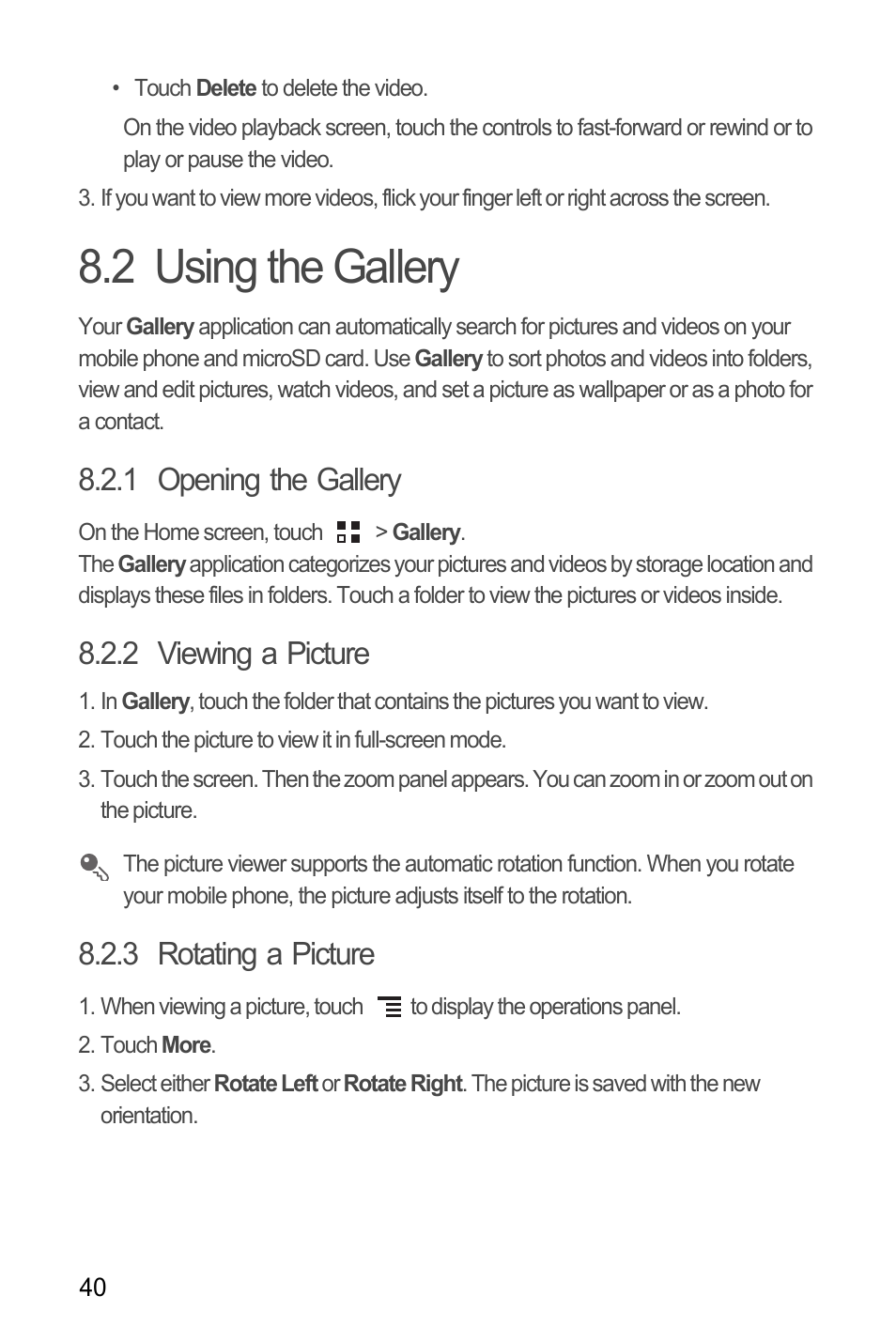 2 using the gallery, 1 opening the gallery, 2 viewing a picture | 3 rotating a picture | Huawei M866 User Manual | Page 44 / 69