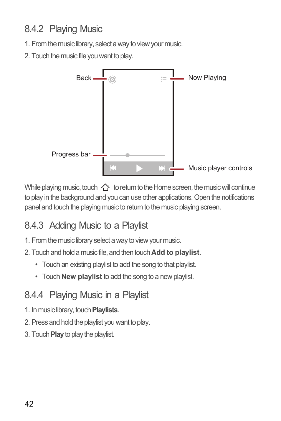 2 playing music, 3 adding music to a playlist, 4 playing music in a playlist | Huawei M866 User Manual | Page 46 / 69