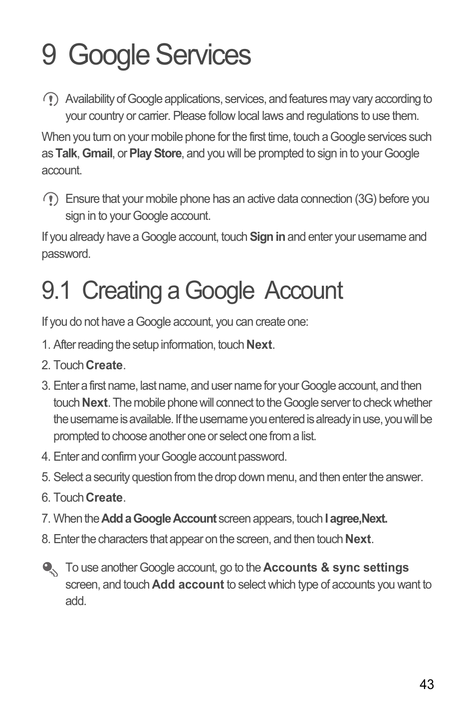 9 google services, 1 creating a google account | Huawei M866 User Manual | Page 47 / 69