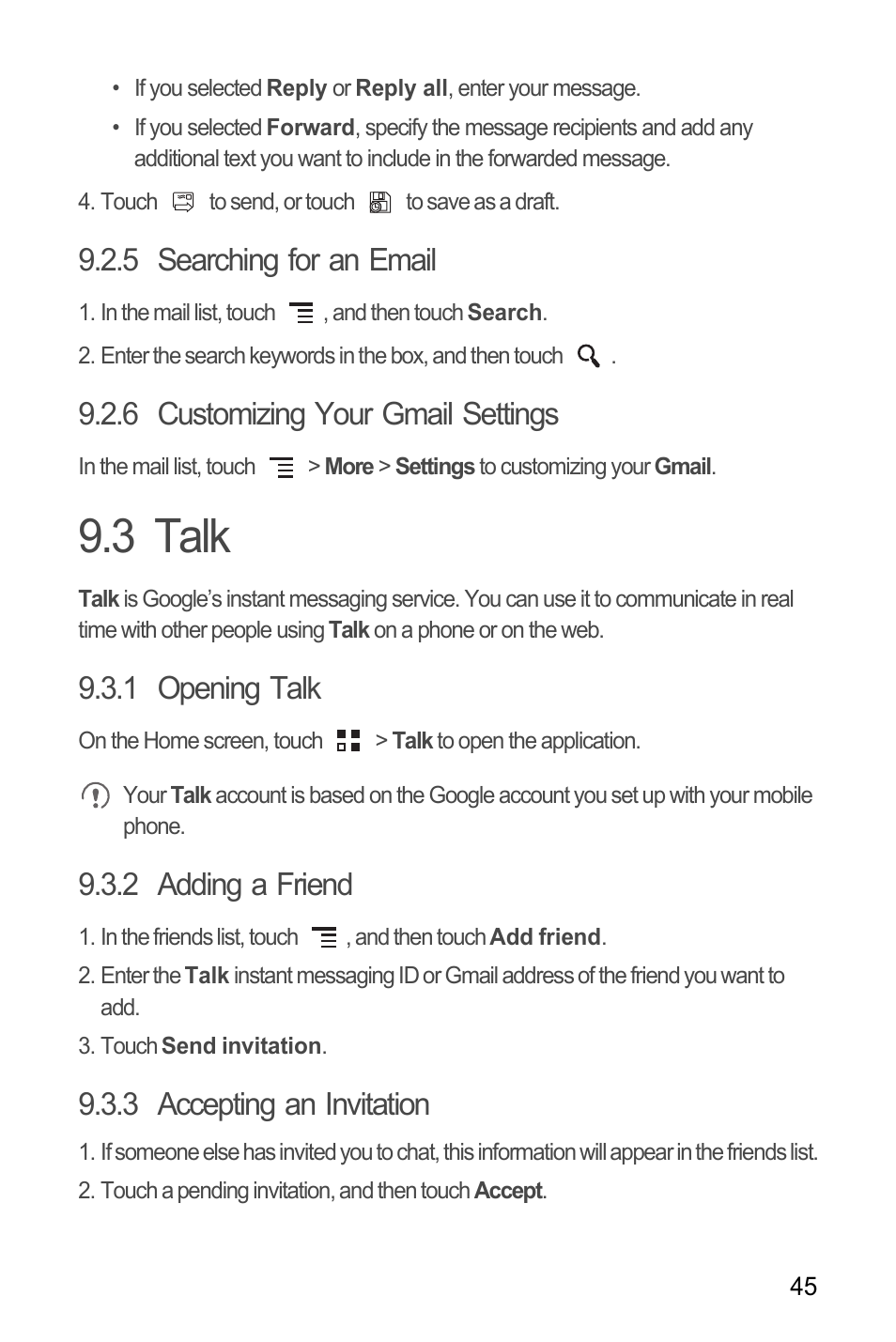 5 searching for an email, 6 customizing your gmail settings, 3 talk | 1 opening talk, 2 adding a friend, 3 accepting an invitation | Huawei M866 User Manual | Page 49 / 69