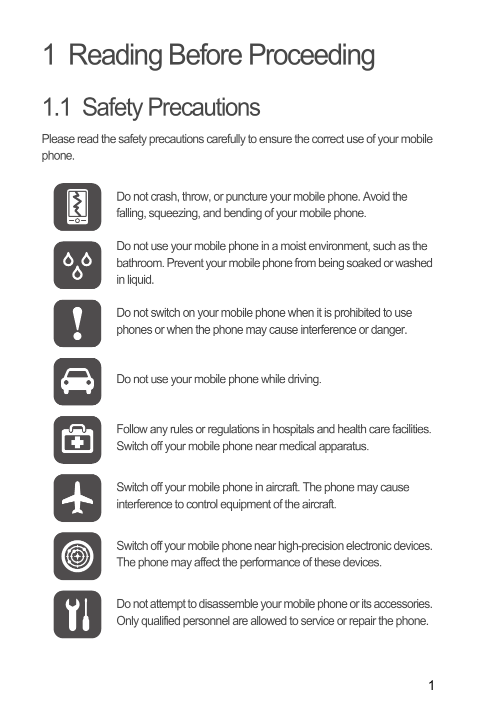 1 reading before proceeding, 1 safety precautions | Huawei M866 User Manual | Page 5 / 69