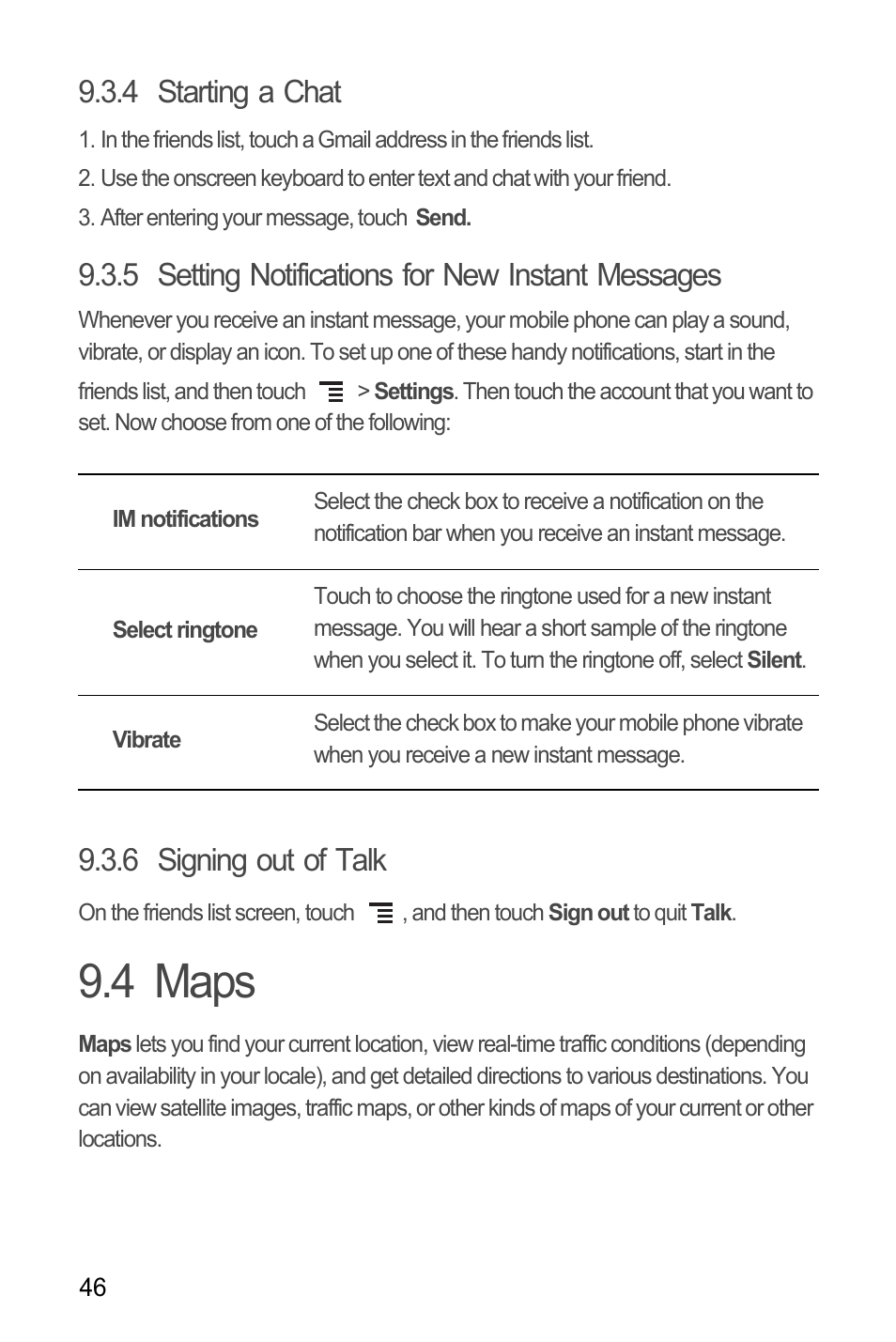 4 starting a chat, 5 setting notifications for new instant messages, 6 signing out of talk | 4 maps | Huawei M866 User Manual | Page 50 / 69