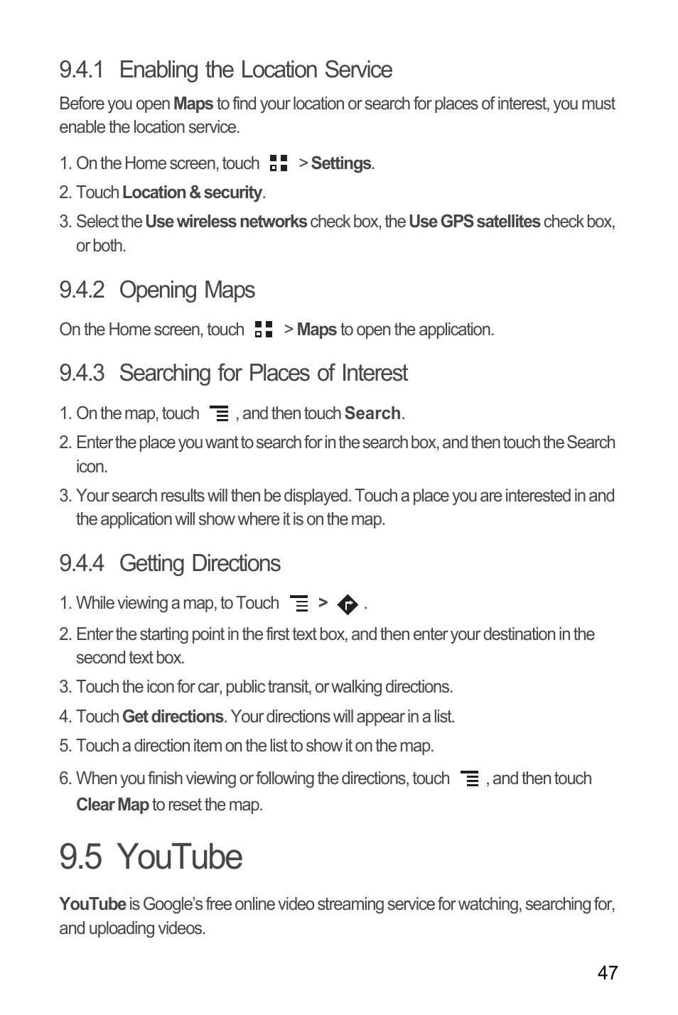 1 enabling the location service, 2 opening maps, 3 searching for places of interest | 4 getting directions, 5 youtube | Huawei M866 User Manual | Page 51 / 69