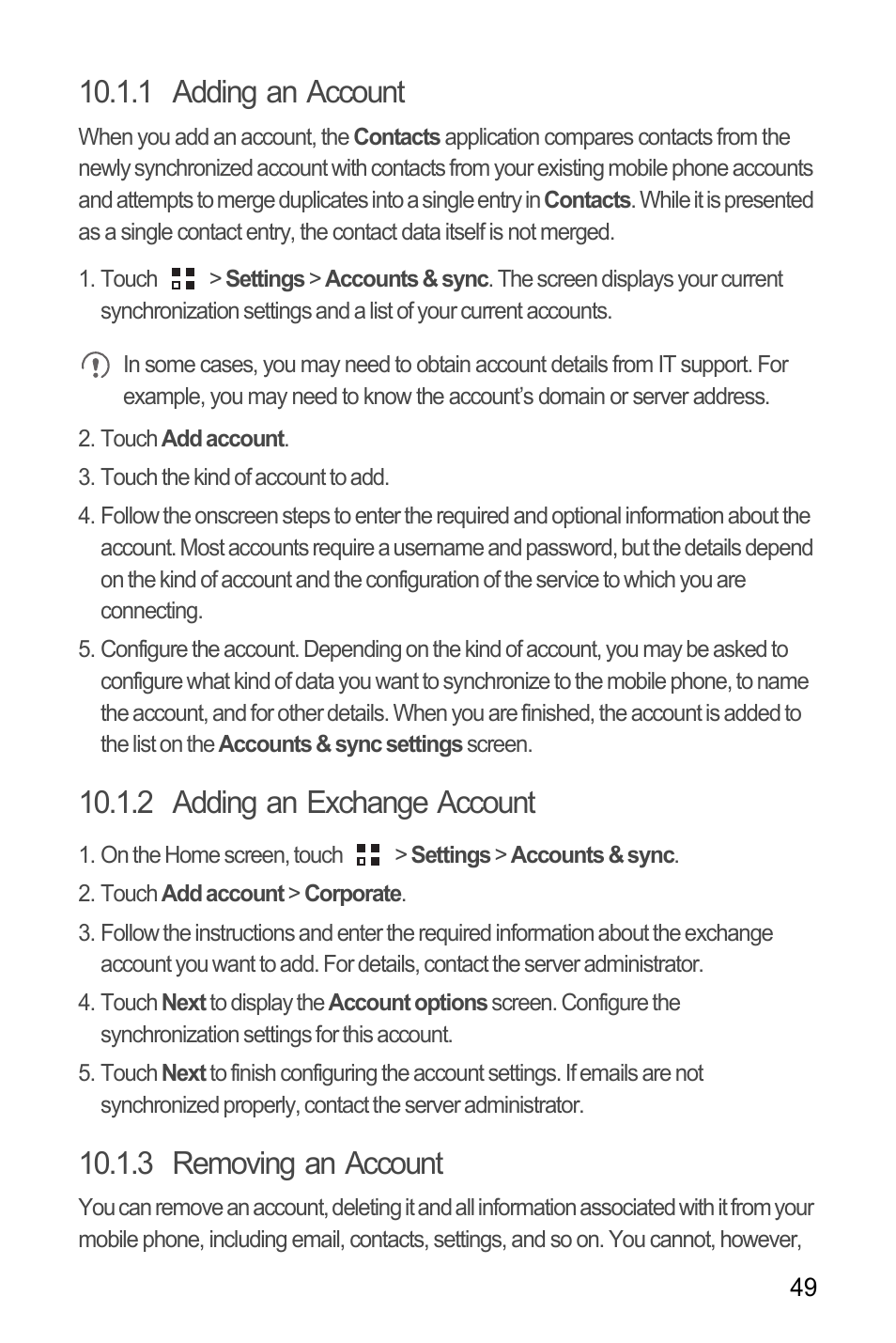 1 adding an account, 2 adding an exchange account, 3 removing an account | Huawei M866 User Manual | Page 53 / 69