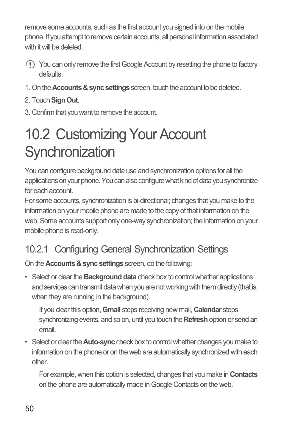 2 customizing your account synchronization, 1 configuring general synchronization settings | Huawei M866 User Manual | Page 54 / 69