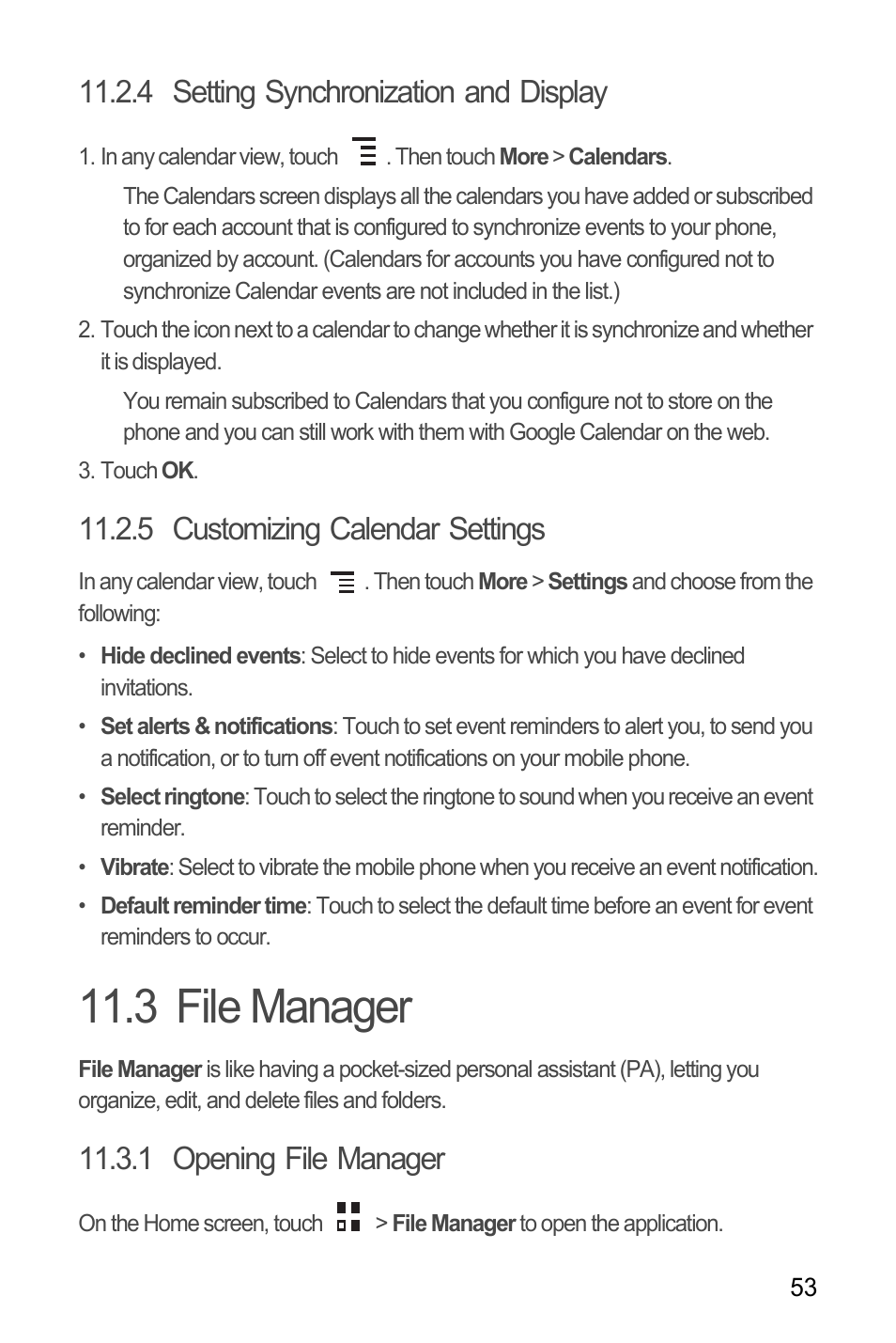 4 setting synchronization and display, 5 customizing calendar settings, 3 file manager | 1 opening file manager | Huawei M866 User Manual | Page 57 / 69