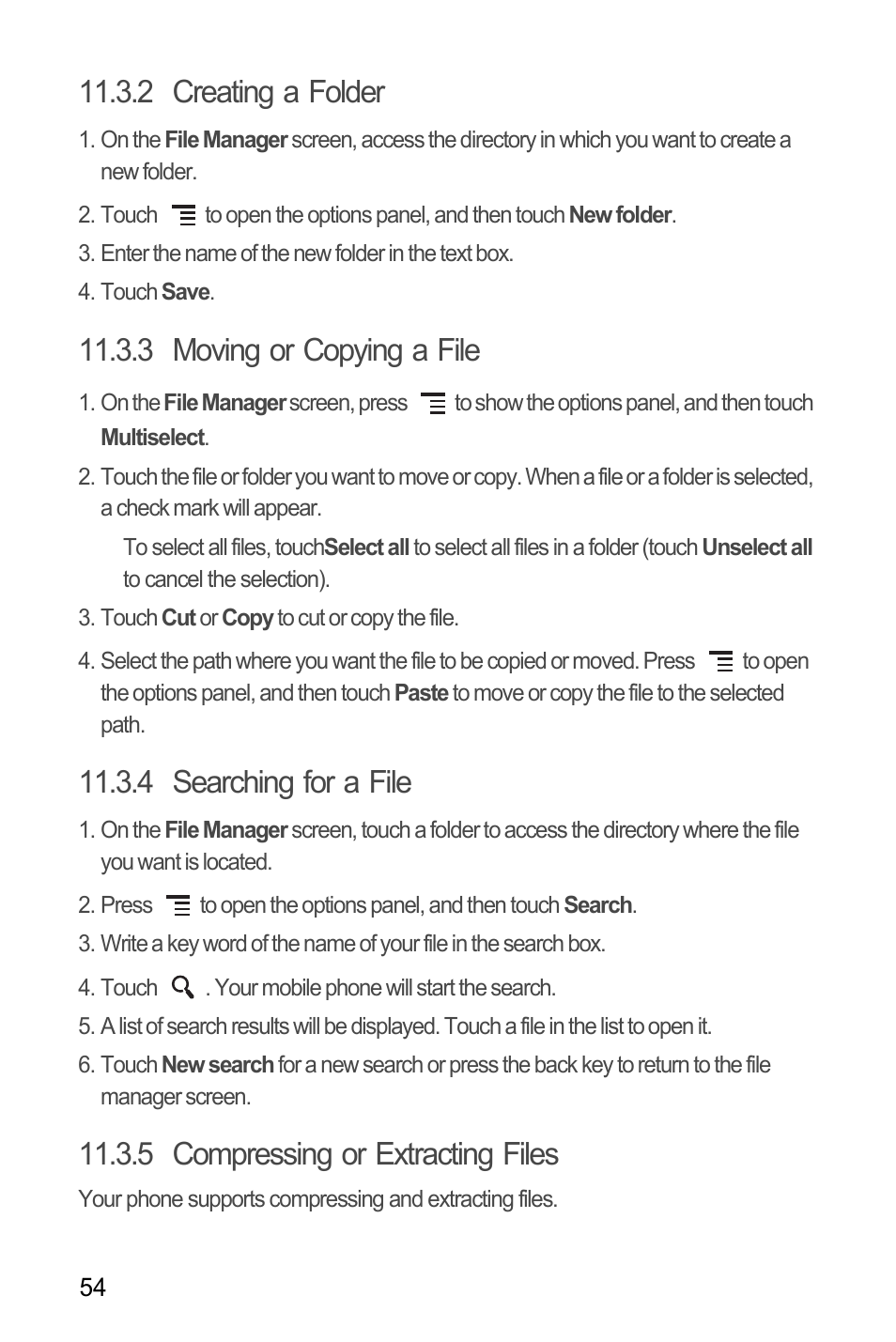 2 creating a folder, 3 moving or copying a file, 4 searching for a file | 5 compressing or extracting files | Huawei M866 User Manual | Page 58 / 69