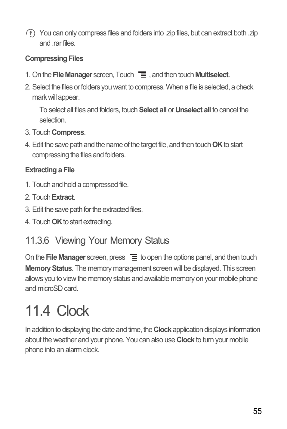 Compressing files, Extracting a file, 6 viewing your memory status | 4 clock | Huawei M866 User Manual | Page 59 / 69