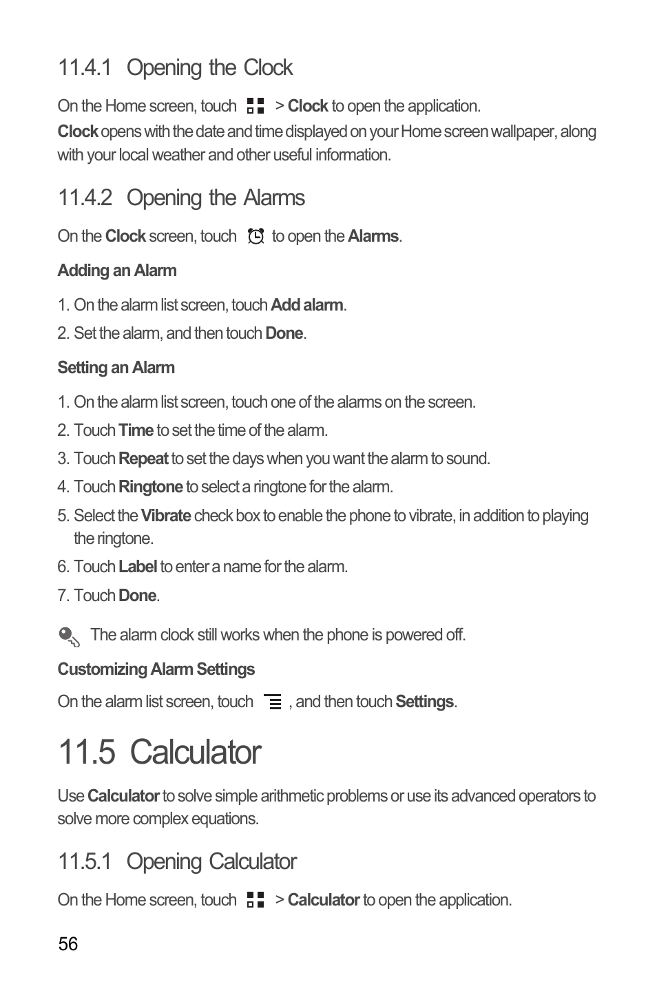1 opening the clock, 2 opening the alarms, Adding an alarm | Setting an alarm, Customizing alarm settings, 5 calculator, 1 opening calculator | Huawei M866 User Manual | Page 60 / 69