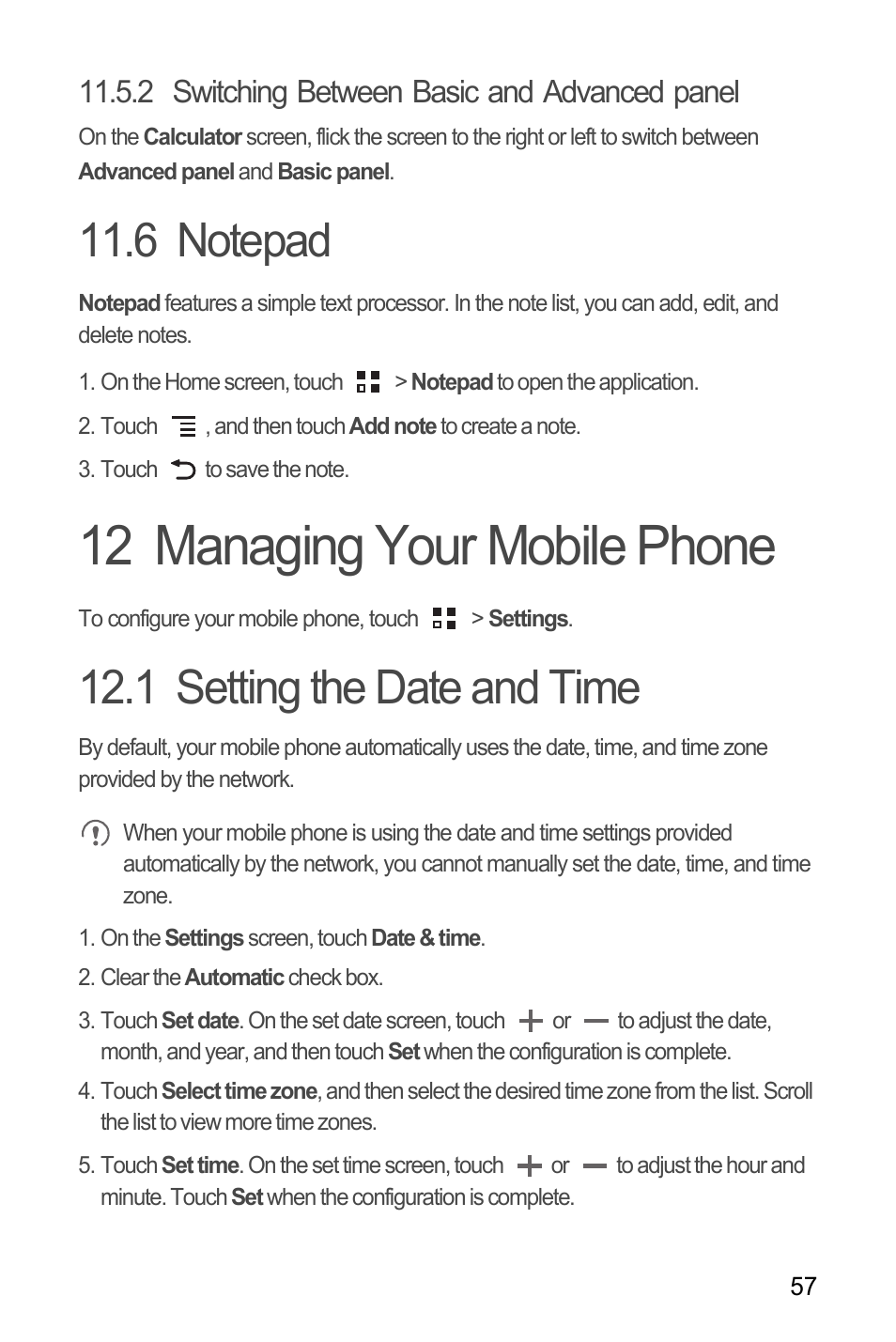 2 switching between basic and advanced panel, 6 notepad, 12 managing your mobile phone | 1 setting the date and time | Huawei M866 User Manual | Page 61 / 69