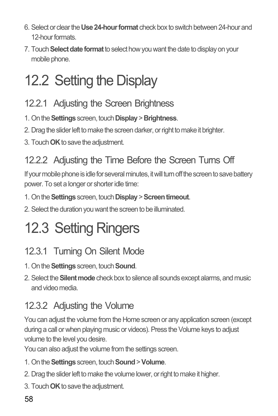 2 setting the display, 1 adjusting the screen brightness, 2 adjusting the time before the screen turns off | 3 setting ringers, 1 turning on silent mode, 2 adjusting the volume, 2 setting the display 12.3 setting ringers | Huawei M866 User Manual | Page 62 / 69