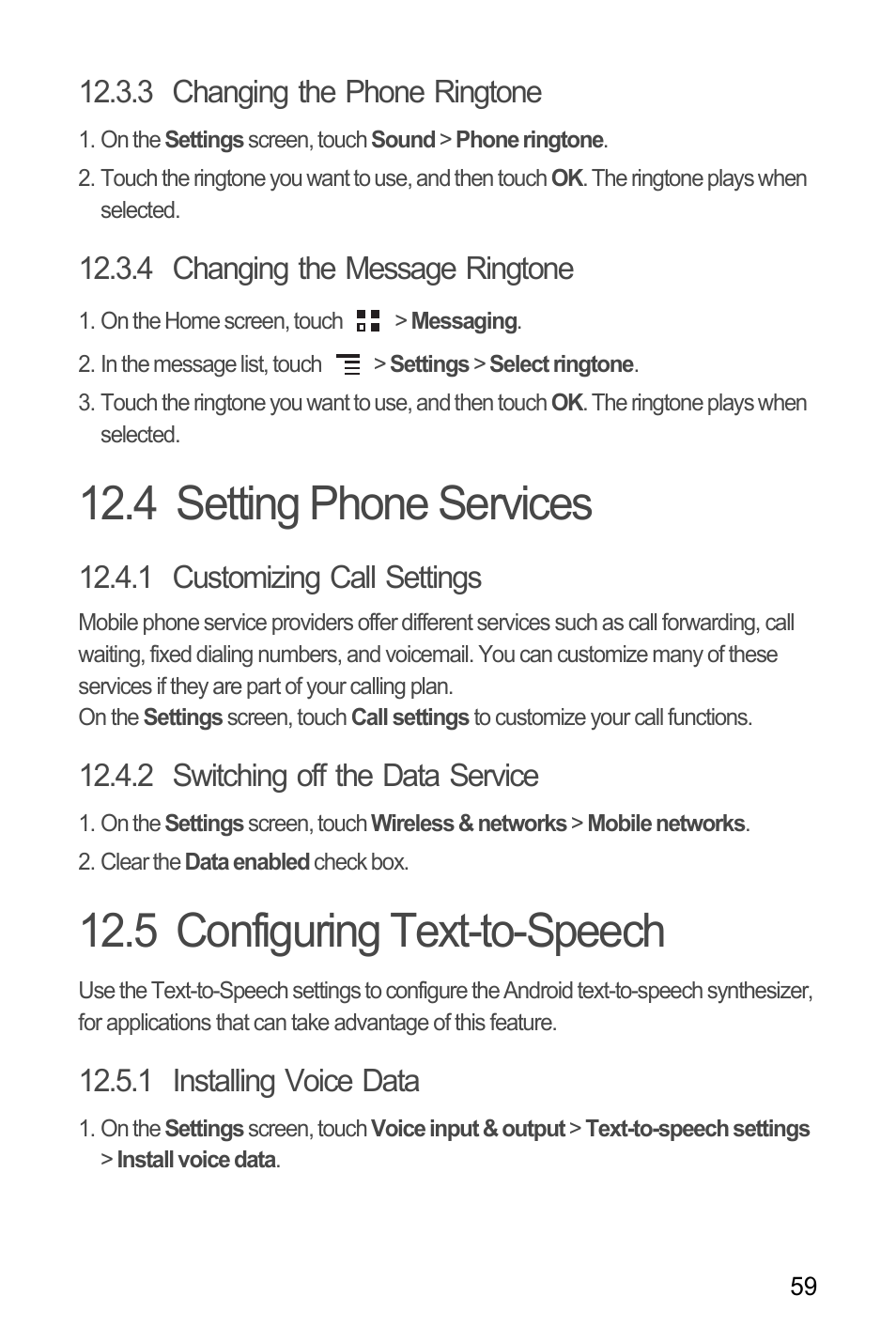 3 changing the phone ringtone, 4 changing the message ringtone, 4 setting phone services | 1 customizing call settings, 2 switching off the data service, 5 configuring text-to-speech, 1 installing voice data | Huawei M866 User Manual | Page 63 / 69