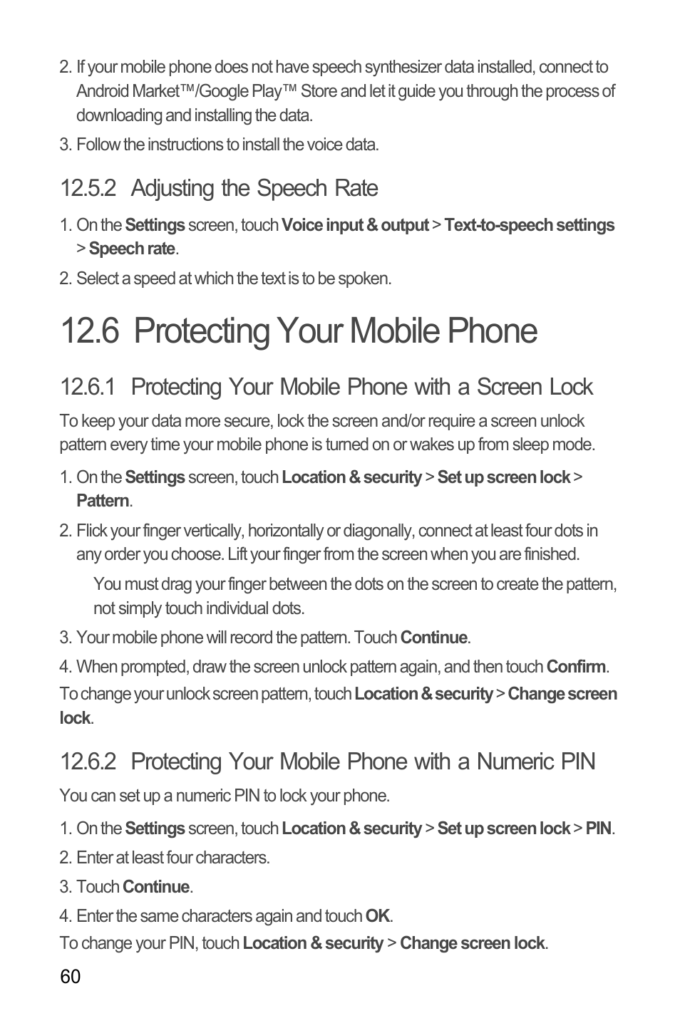 2 adjusting the speech rate, 6 protecting your mobile phone, 1 protecting your mobile phone with a screen lock | 2 protecting your mobile phone with a numeric pin | Huawei M866 User Manual | Page 64 / 69