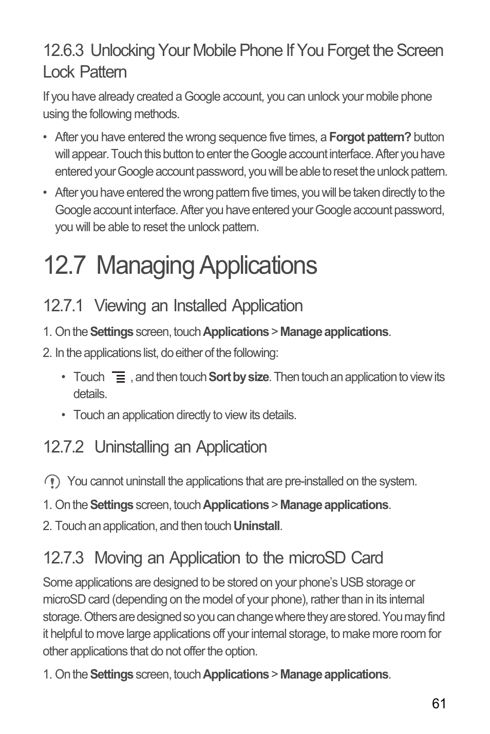 7 managing applications, 1 viewing an installed application, 2 uninstalling an application | 3 moving an application to the microsd card | Huawei M866 User Manual | Page 65 / 69