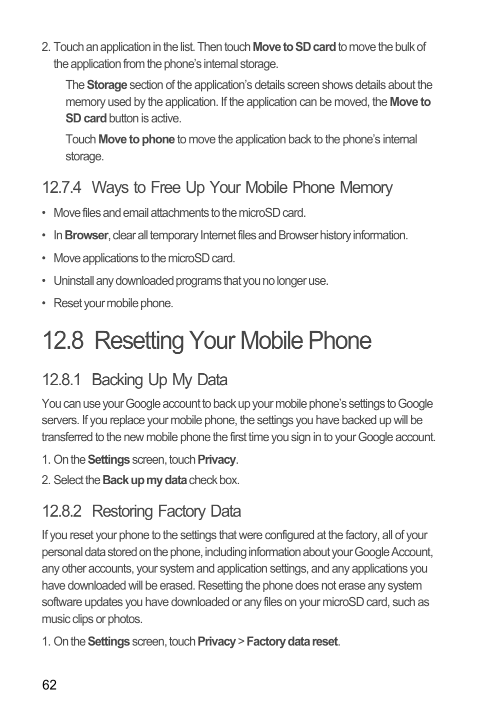 4 ways to free up your mobile phone memory, 8 resetting your mobile phone, 1 backing up my data | 2 restoring factory data | Huawei M866 User Manual | Page 66 / 69