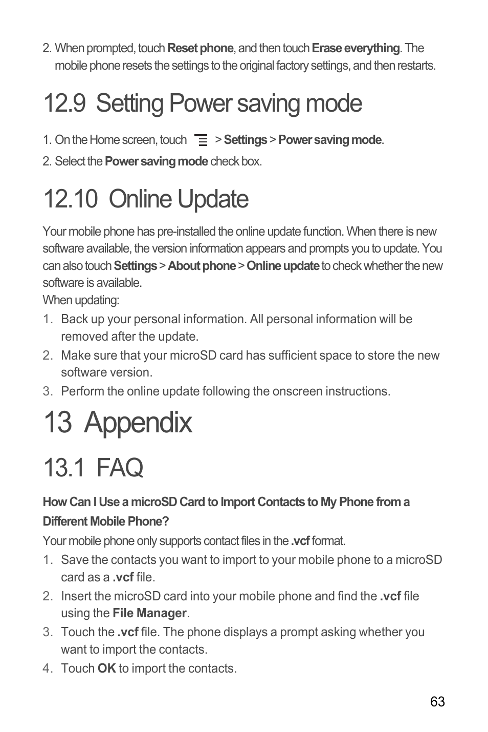 9 setting power saving mode, 10 online update, 13 appendix | 1 faq, 9 setting power saving mode 12.10 online update | Huawei M866 User Manual | Page 67 / 69
