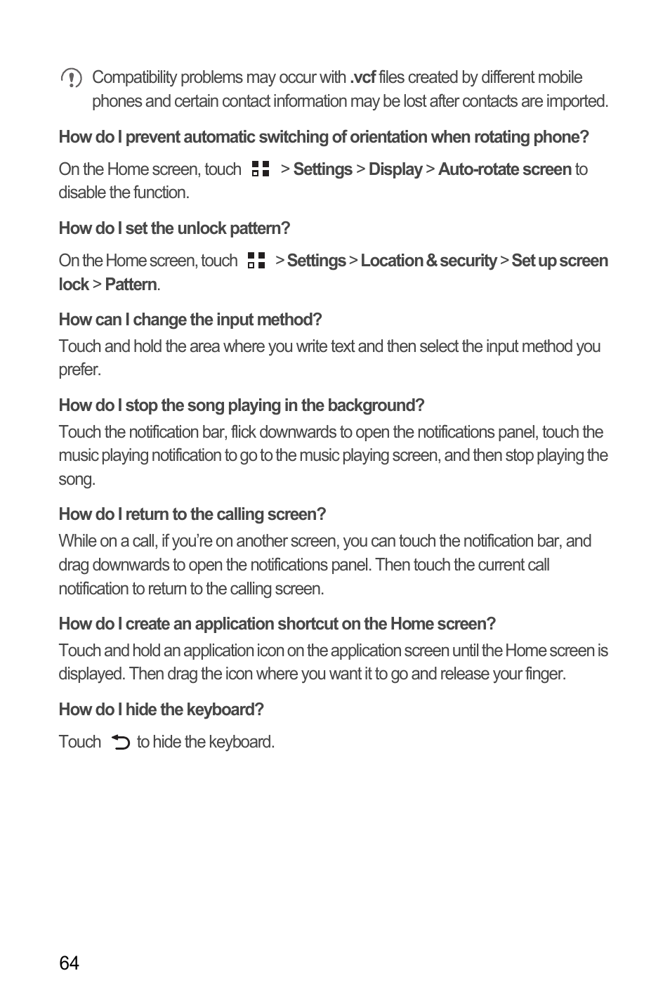 How do i set the unlock pattern, How can i change the input method, How do i stop the song playing in the background | How do i return to the calling screen, How do i hide the keyboard | Huawei M866 User Manual | Page 68 / 69