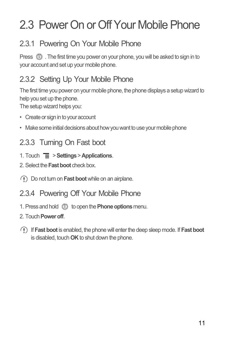 3 power on or off your mobile phone, 1 powering on your mobile phone, 2 setting up your mobile phone | 3 turning on fast boot, 4 powering off your mobile phone | Huawei M886 Radio Shack User Manual | Page 15 / 86