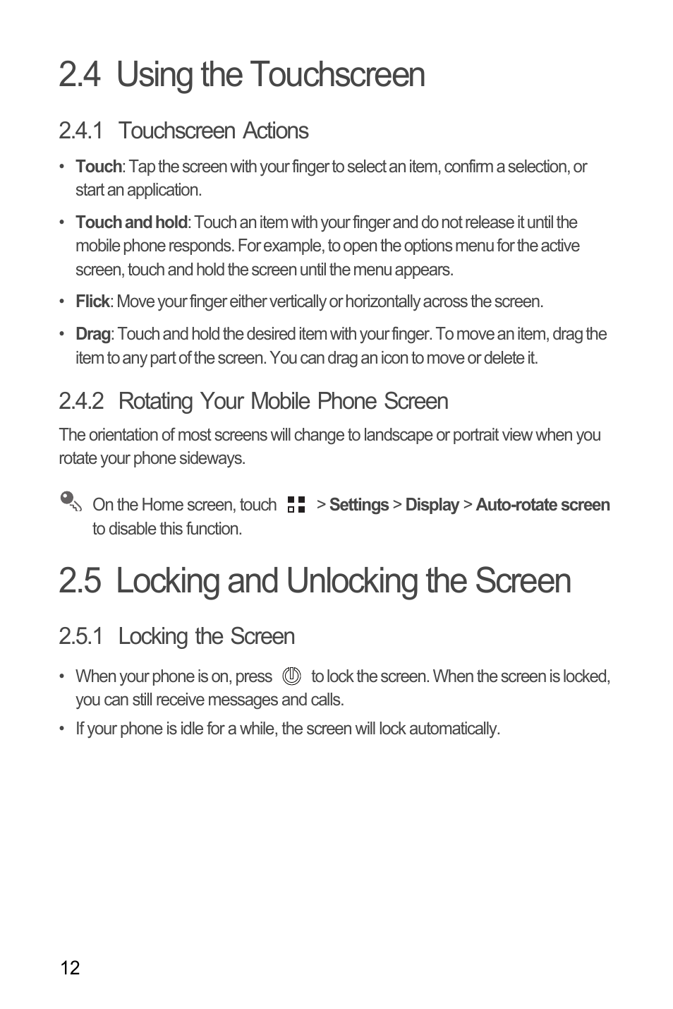 4 using the touchscreen, 1 touchscreen actions, 2 rotating your mobile phone screen | 5 locking and unlocking the screen, 1 locking the screen | Huawei M886 Radio Shack User Manual | Page 16 / 86