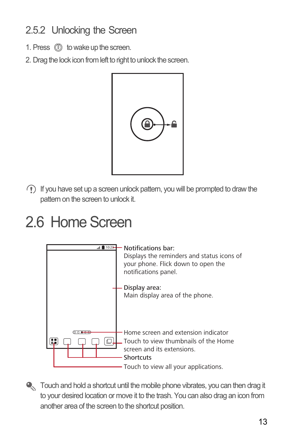 2 unlocking the screen, 6 home screen | Huawei M886 Radio Shack User Manual | Page 17 / 86