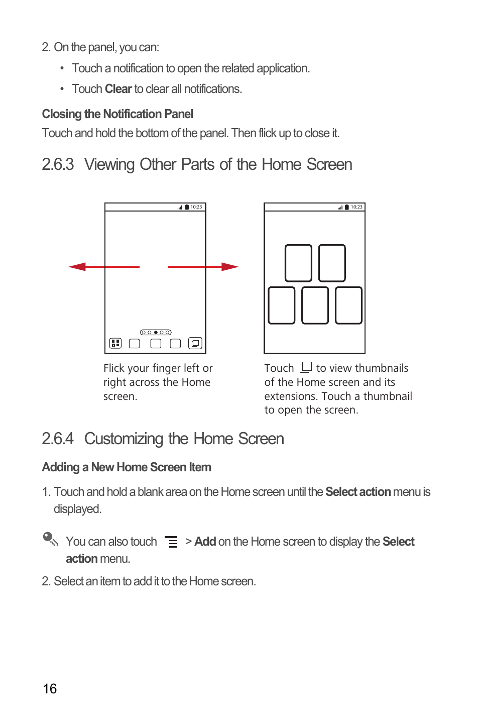 Closing the notification panel, 3 viewing other parts of the home screen, 4 customizing the home screen | Adding a new home screen item | Huawei M886 Radio Shack User Manual | Page 20 / 86