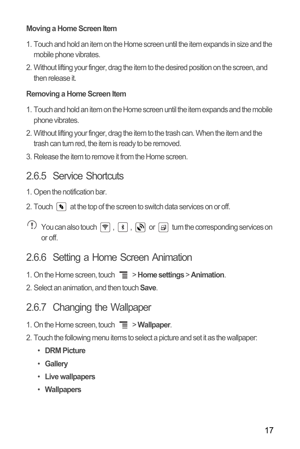 Moving a home screen item, Removing a home screen item, 5 service shortcuts | 6 setting a home screen animation, 7 changing the wallpaper | Huawei M886 Radio Shack User Manual | Page 21 / 86