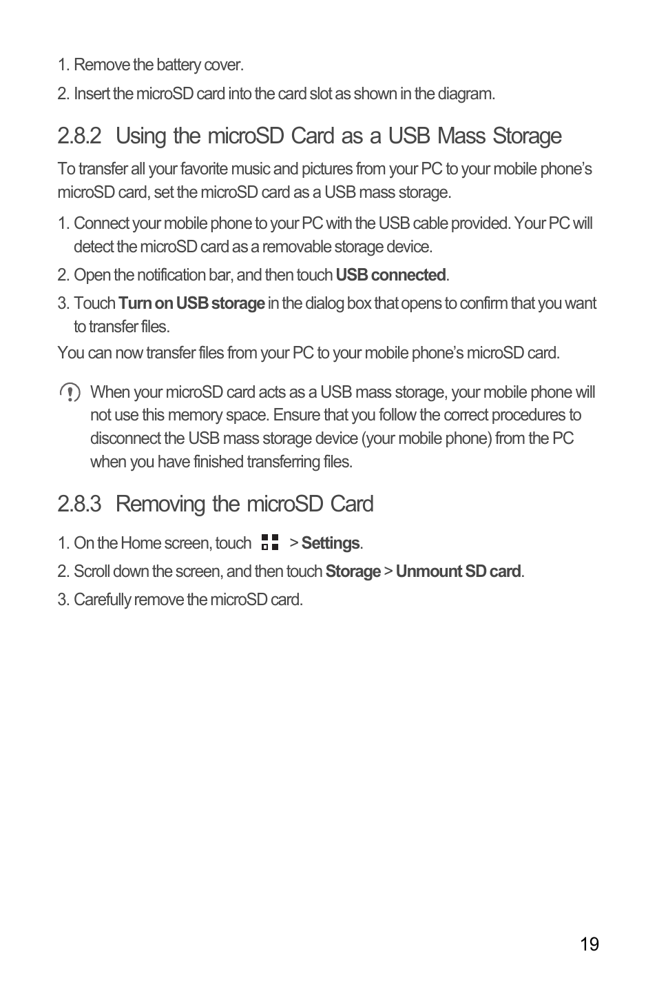 2 using the microsd card as a usb mass storage, 3 removing the microsd card | Huawei M886 Radio Shack User Manual | Page 23 / 86