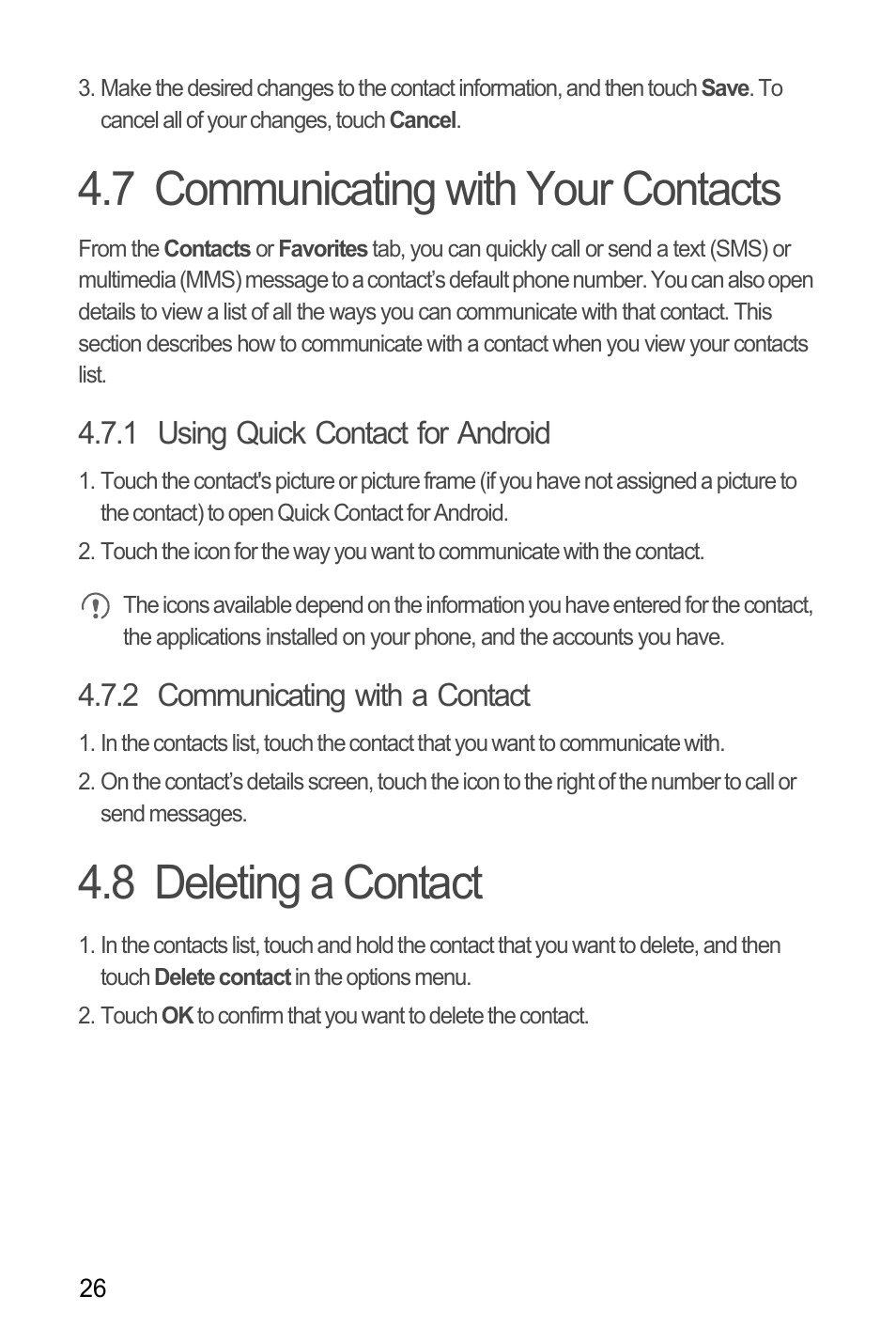 7 communicating with your contacts, 1 using quick contact for android, 2 communicating with a contact | 8 deleting a contact, Communicating with your contacts | Huawei M886 Radio Shack User Manual | Page 30 / 86