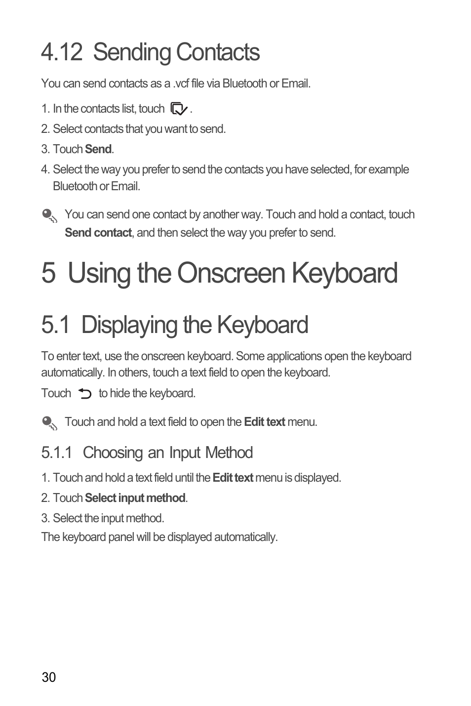 12 sending contacts, 5 using the onscreen keyboard, 1 displaying the keyboard | 1 choosing an input method | Huawei M886 Radio Shack User Manual | Page 34 / 86