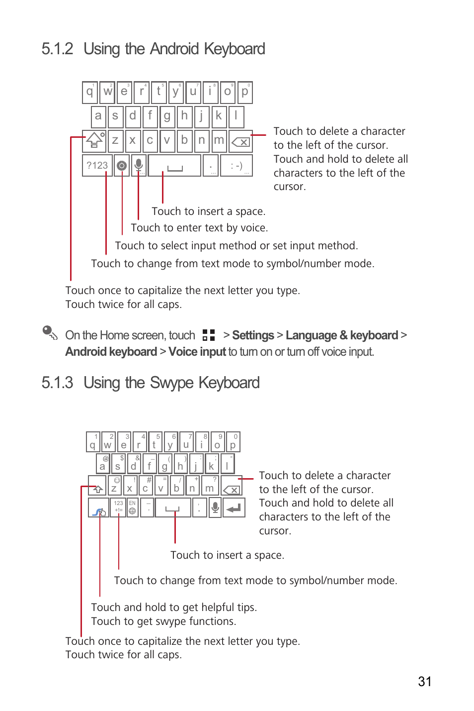 2 using the android keyboard, 3 using the swype keyboard | Huawei M886 Radio Shack User Manual | Page 35 / 86