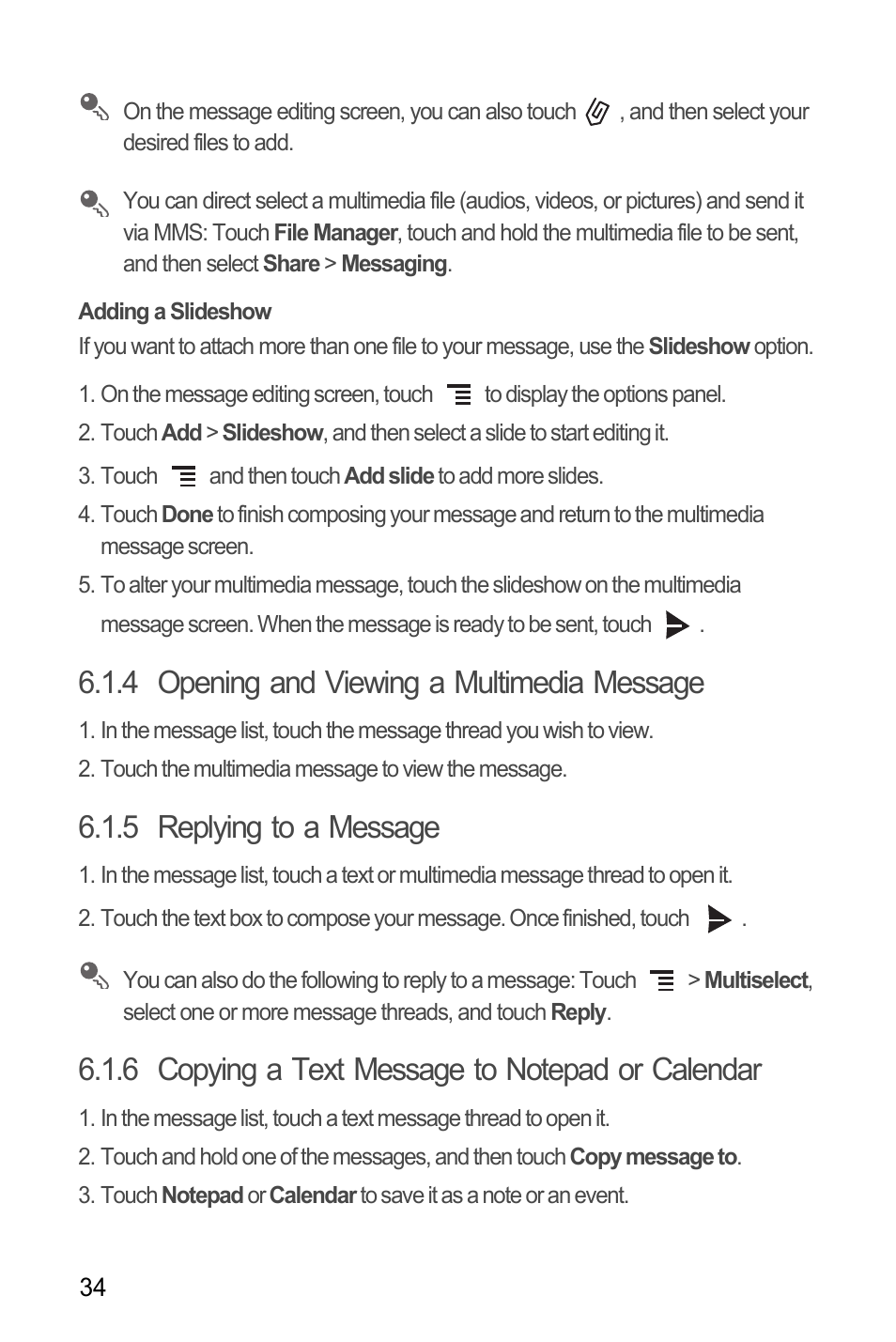 Adding a slideshow, 4 opening and viewing a multimedia message, 5 replying to a message | 6 copying a text message to notepad or calendar | Huawei M886 Radio Shack User Manual | Page 38 / 86