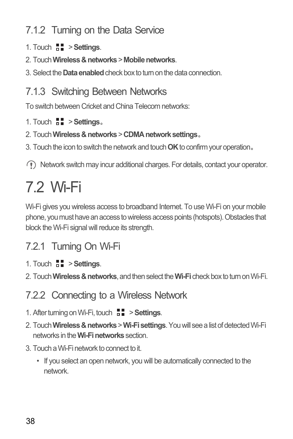 2 turning on the data service, 3 switching between networks, 2 wi-fi | 1 turning on wi-fi, 2 connecting to a wireless network | Huawei M886 Radio Shack User Manual | Page 42 / 86