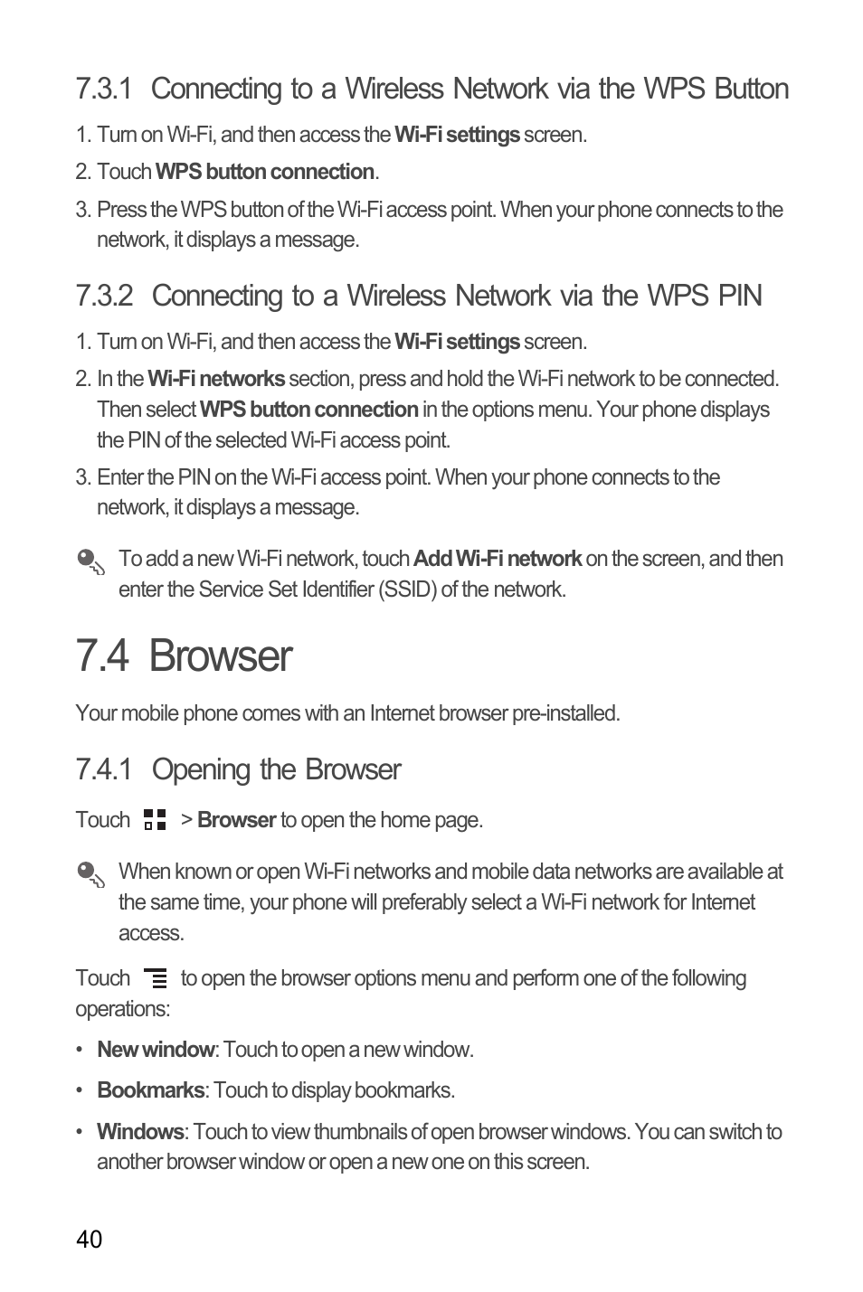2 connecting to a wireless network via the wps pin, 4 browser, 1 opening the browser | Huawei M886 Radio Shack User Manual | Page 44 / 86