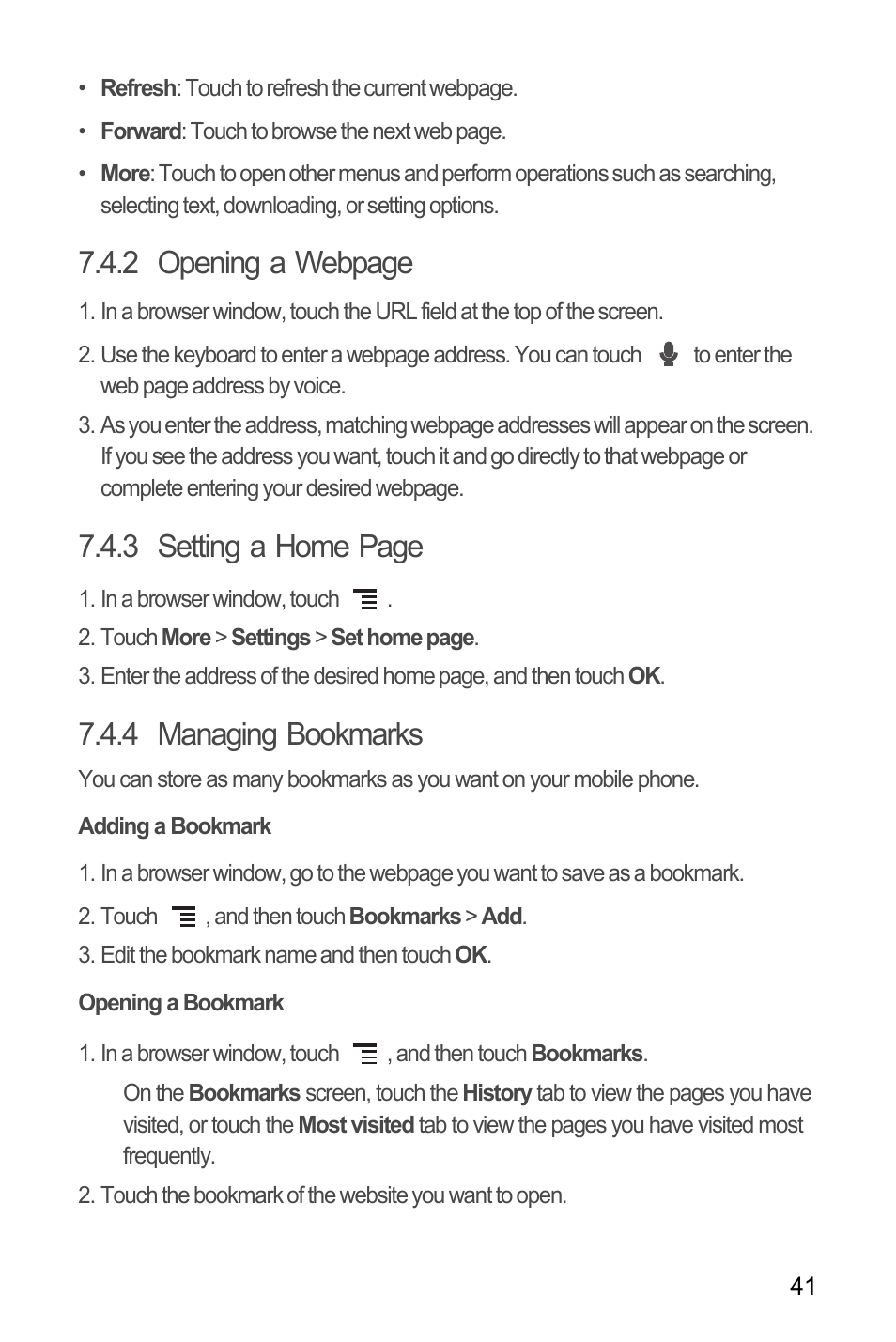 4 managing bookmarks, Adding a bookmark, Opening a bookmark | 2 opening a webpage, 3 setting a home page | Huawei M886 Radio Shack User Manual | Page 45 / 86