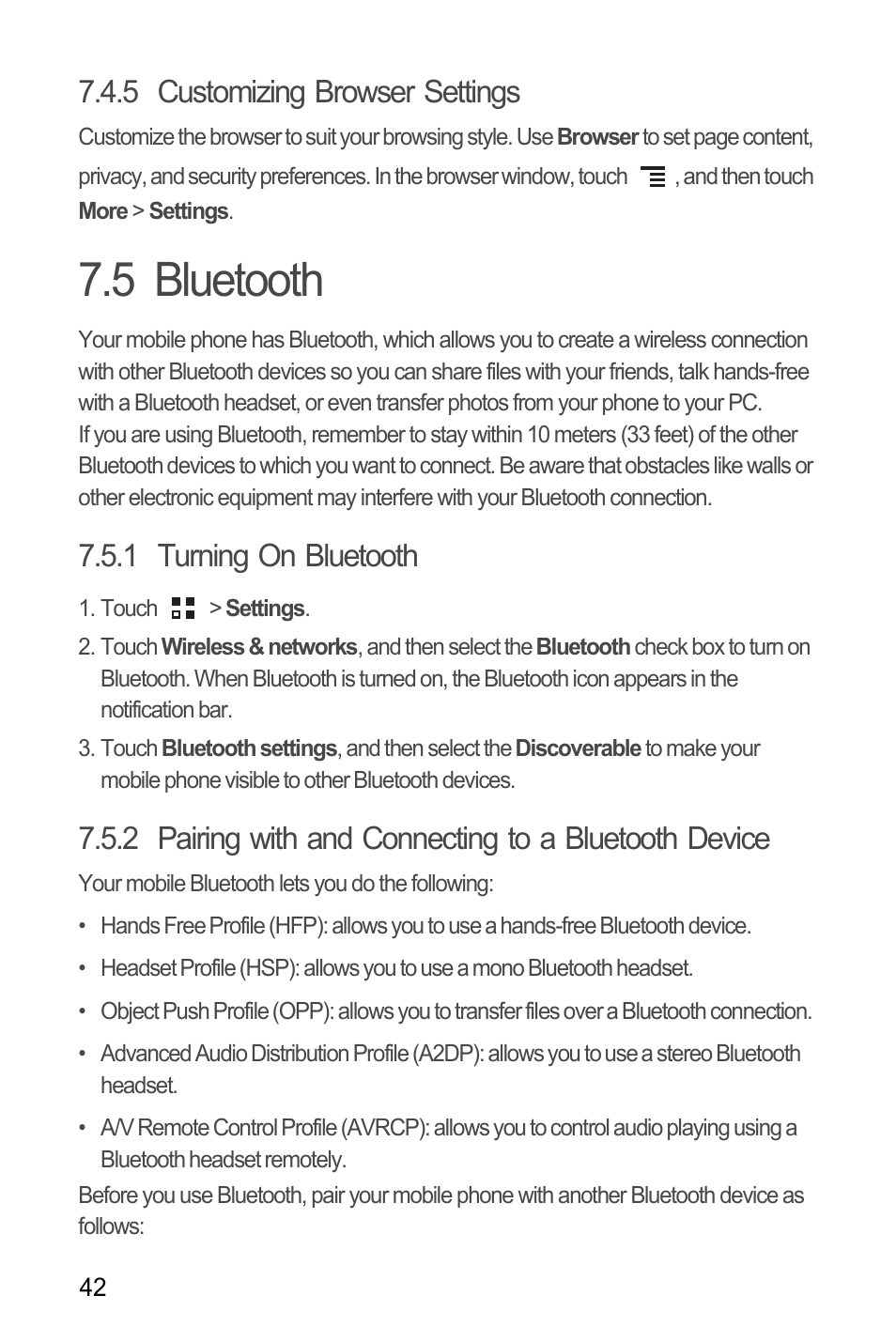 5 customizing browser settings, 5 bluetooth, 1 turning on bluetooth | Huawei M886 Radio Shack User Manual | Page 46 / 86