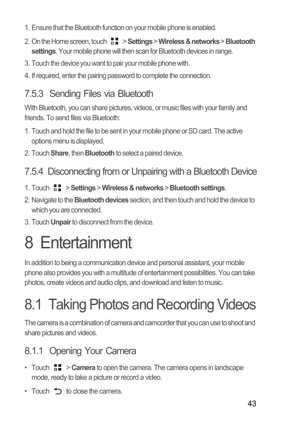 3 sending files via bluetooth, 8 entertainment, 1 taking photos and recording videos | 1 opening your camera | Huawei M886 Radio Shack User Manual | Page 47 / 86