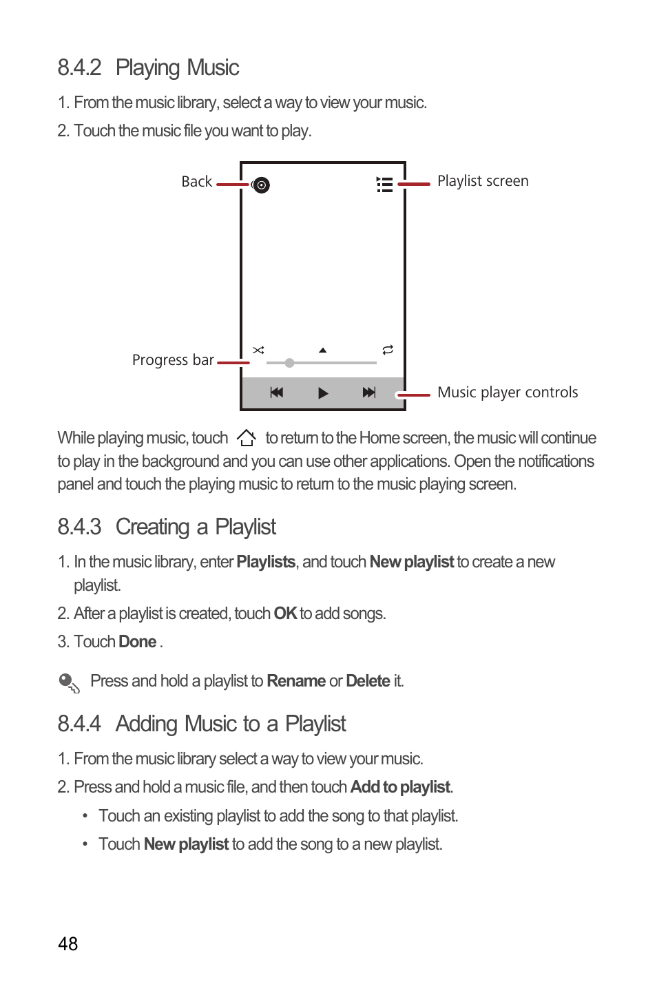 2 playing music, 3 creating a playlist, 4 adding music to a playlist | Huawei M886 Radio Shack User Manual | Page 52 / 86
