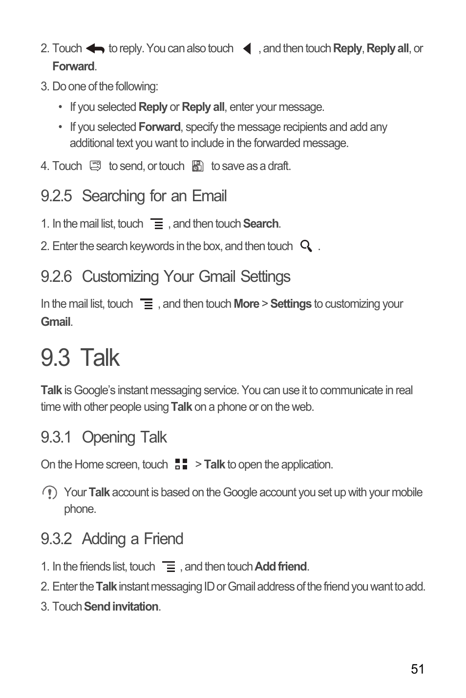 5 searching for an email, 6 customizing your gmail settings, 3 talk | 1 opening talk, 2 adding a friend | Huawei M886 Radio Shack User Manual | Page 55 / 86