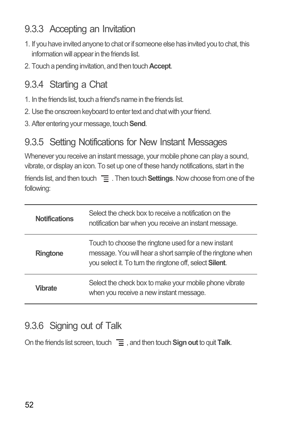 3 accepting an invitation, 4 starting a chat, 5 setting notifications for new instant messages | 6 signing out of talk | Huawei M886 Radio Shack User Manual | Page 56 / 86